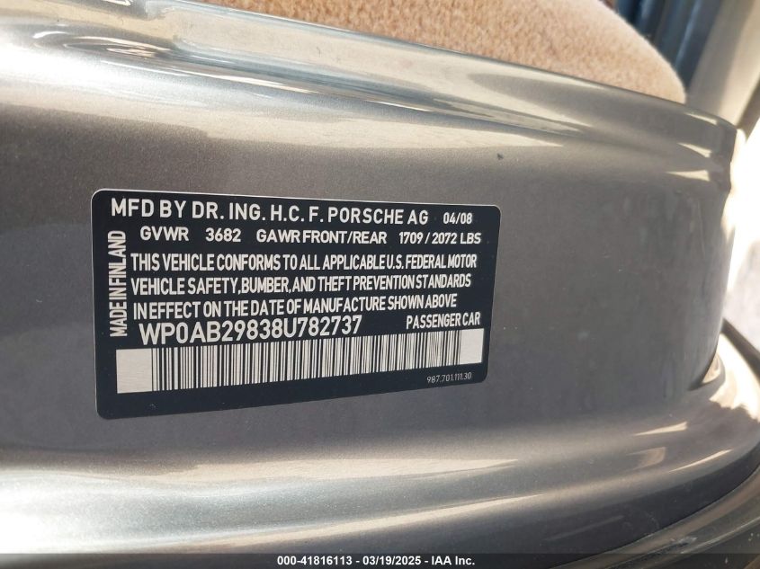 2008 Porsche Cayman S Porsche Design Edition 1 VIN: WP0AB29838U782737 Lot: 41816113