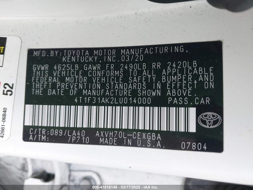 2020 TOYOTA CAMRY VIN: 4T1F31AK2LU014000