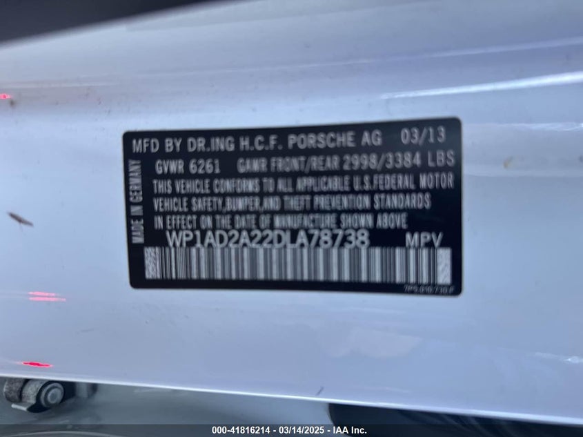 2013 PORSCHE CAYENNE VIN: WP1AD2A22DLA78738