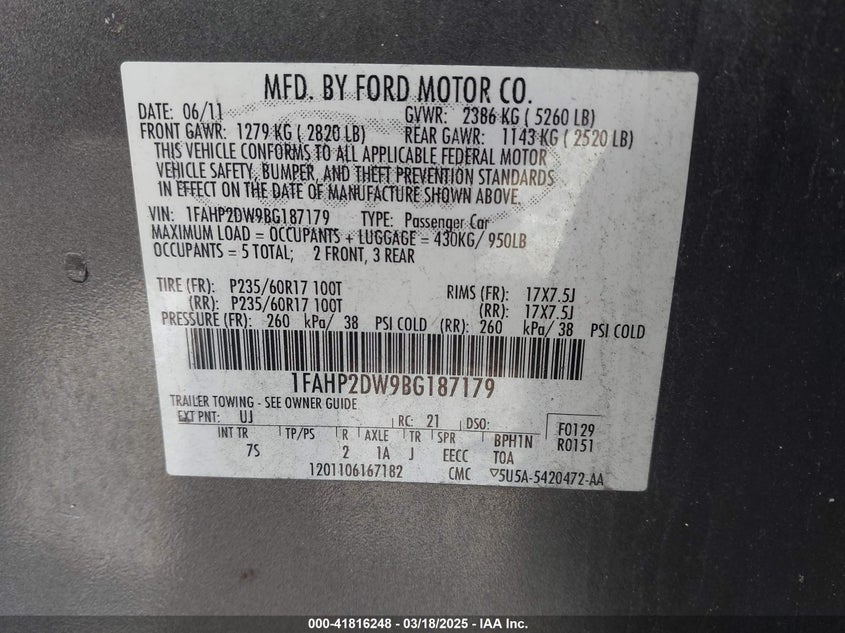 2011 FORD TAURUS VIN: 1FAHP2DW9BG187179