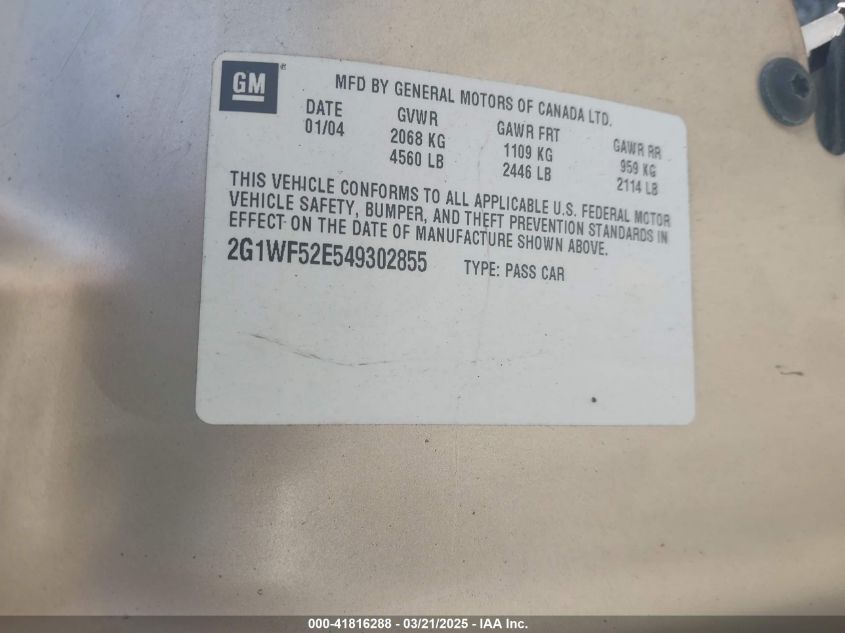 2004 Chevrolet Impala VIN: 2G1WF52E549302855 Lot: 41816288