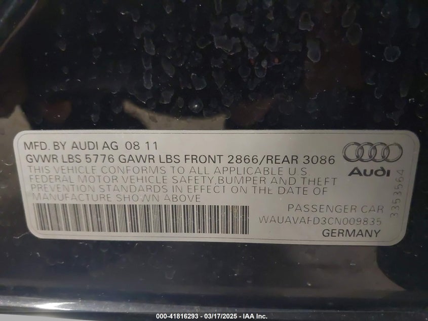 2012 AUDI A8 VIN: WAUAVAFD3CN009835