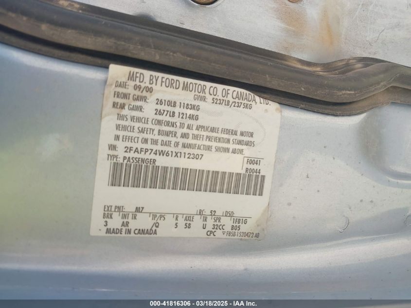 2001 Ford Crown Victoria Lx VIN: 2FAFP74W61X112307 Lot: 41816306