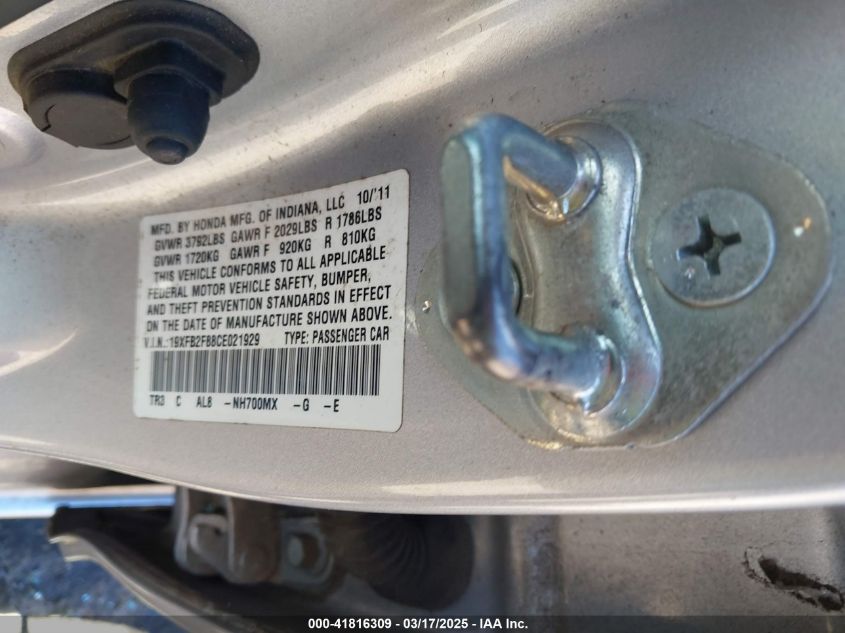 2012 Honda Civic Ex VIN: 19XFB2F88CE021929 Lot: 41816309