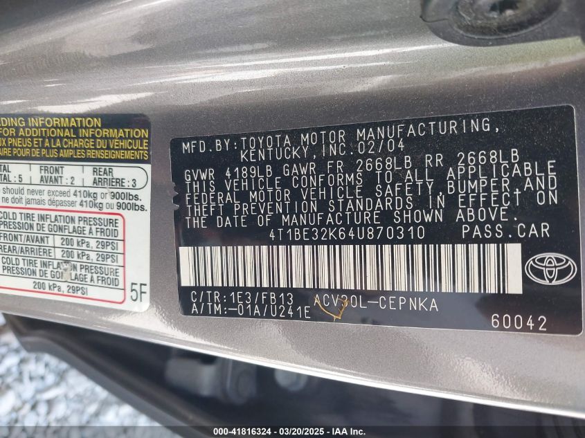 2004 Toyota Camry Le VIN: 4T1BE32K64U870310 Lot: 41816324