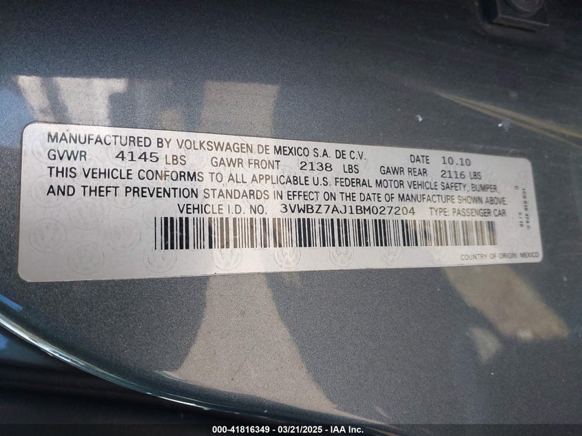 2011 Volkswagen Jetta 2.5L Se VIN: 3VWBZ7AJ1BM027204 Lot: 41816349