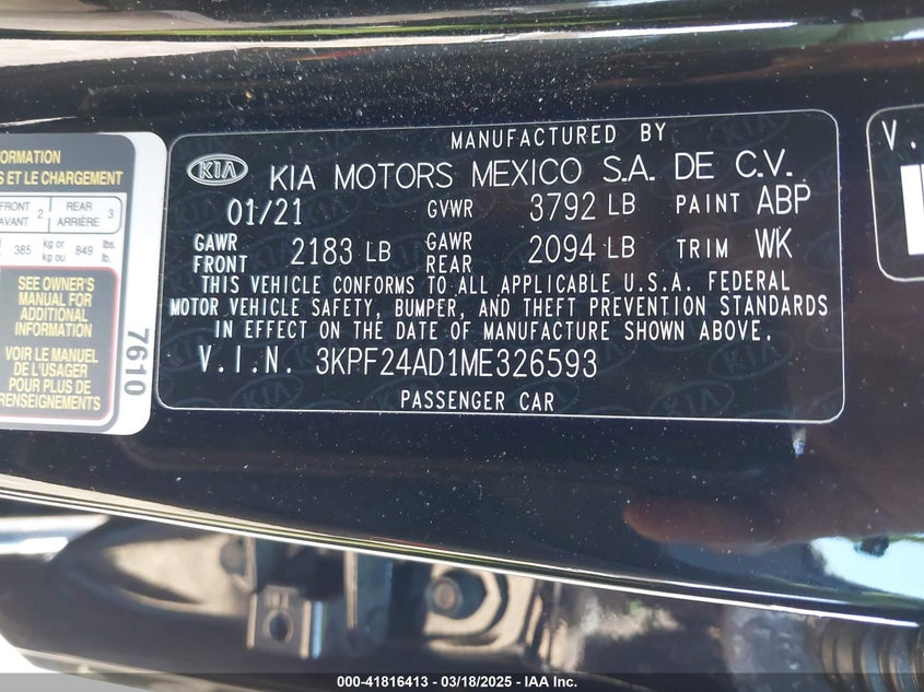 2021 KIA FORTE VIN: 3KPF24AD1ME326593
