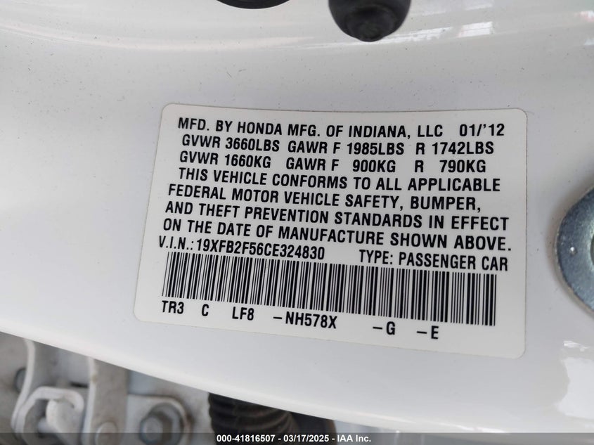 2012 HONDA CIVIC VIN: 19XFB2F56CE324830
