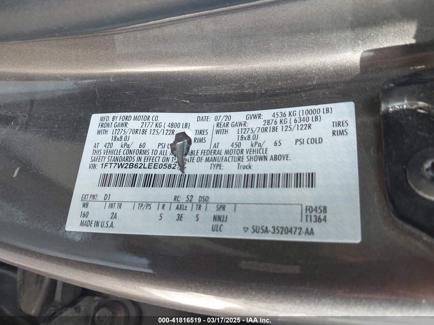 2020 FORD F-250 VIN: 1FT7W2B62LEE05827
