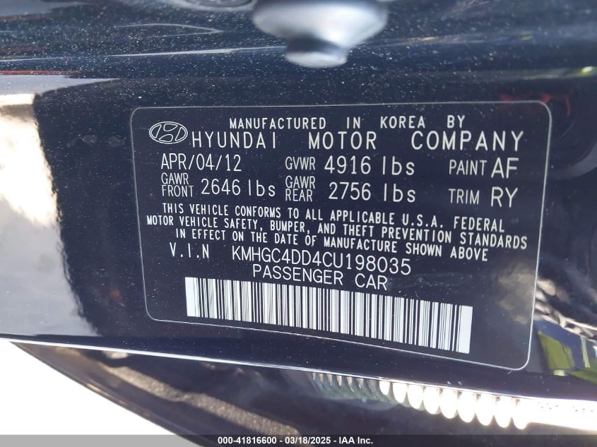 2012 Hyundai Genesis 3.8 VIN: KMHGC4DD4CU198035 Lot: 41816600