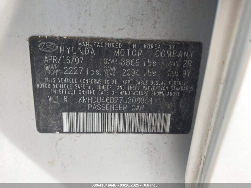 2007 HYUNDAI ELANTRA VIN: KMHDU46D77U208351