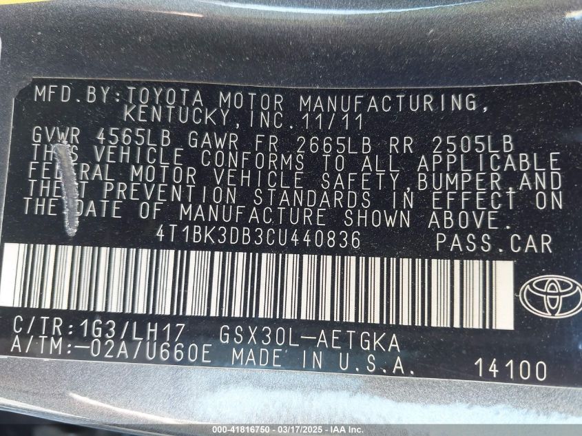 2012 Toyota Avalon VIN: 4T1BK3DB3CU440836 Lot: 41816750