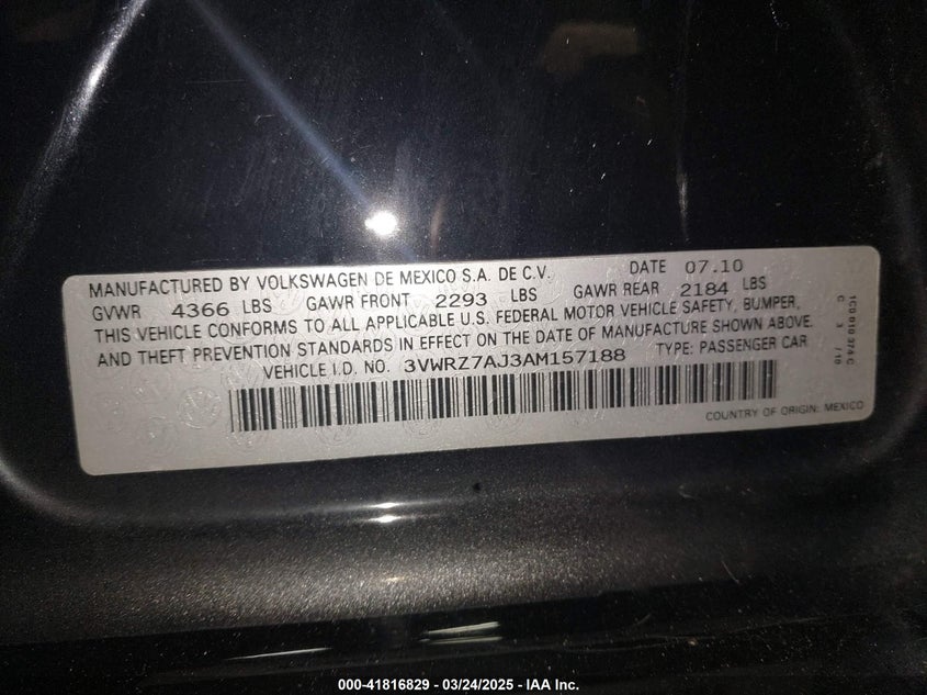 2010 VOLKSWAGEN JETTA VIN: 3VWRZ7AJ3AM157188