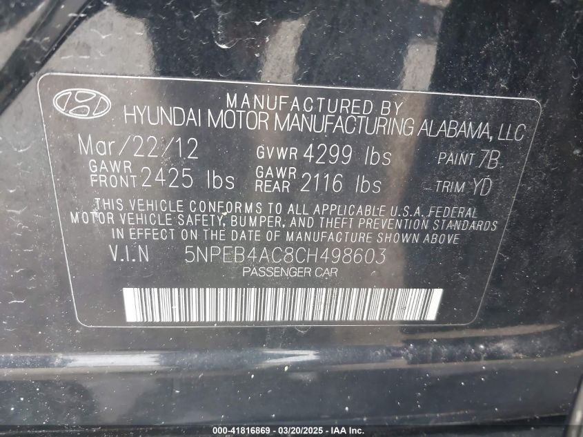 2012 Hyundai Sonata Gls VIN: 5NPEB4AC8CH498603 Lot: 41816869