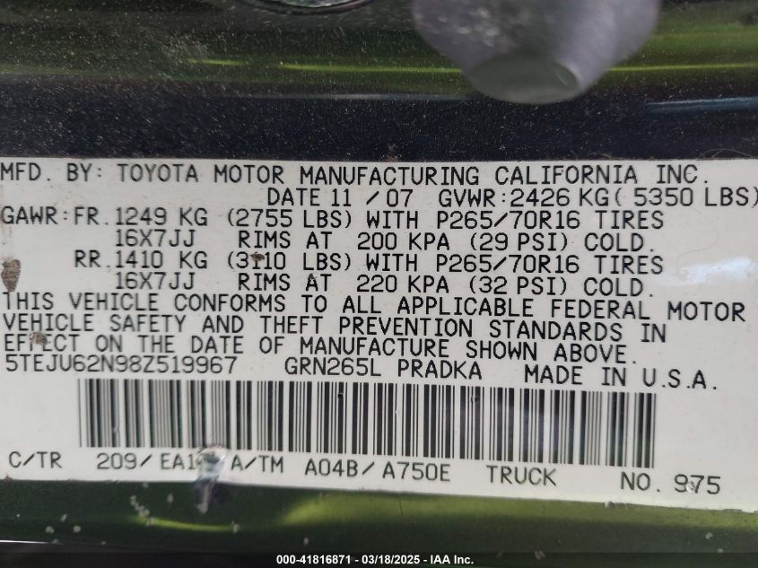 2008 Toyota Tacoma Prerunner V6 VIN: 5TEJU62N98Z519967 Lot: 41816871