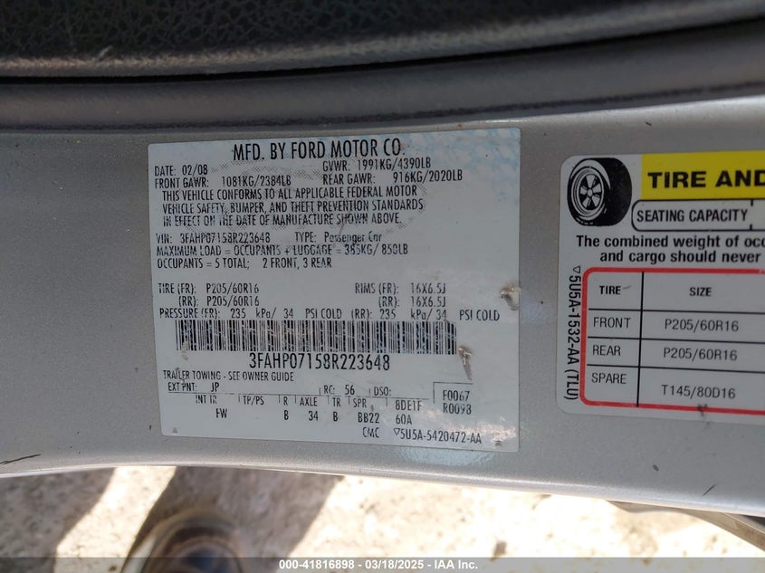 2008 FORD FUSION VIN: 3FAHP07158R223648