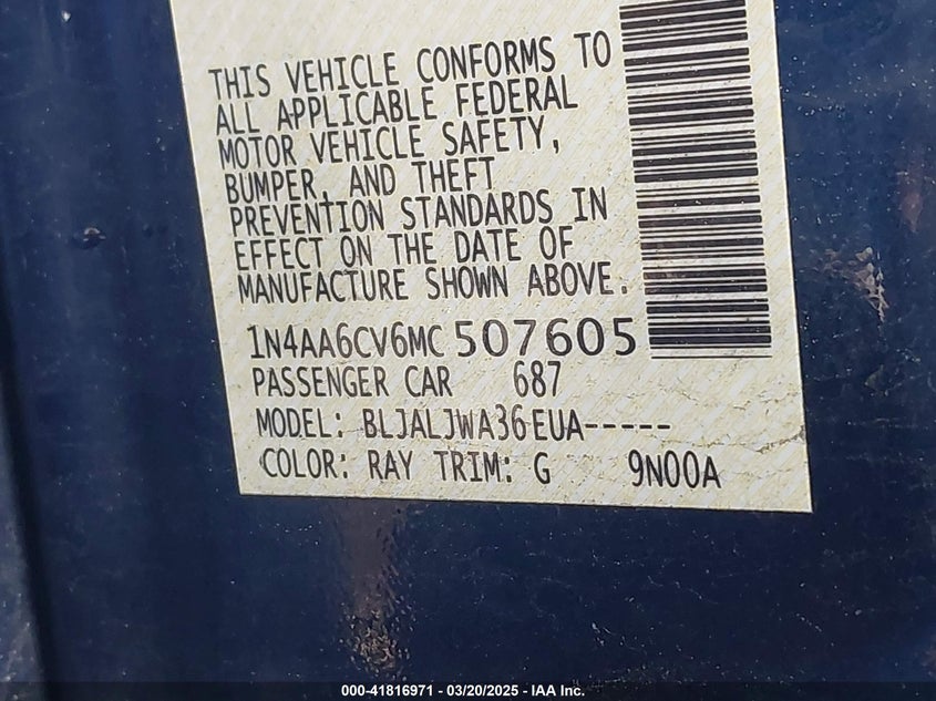2021 NISSAN MAXIMA VIN: 1N4AA6CV6MC507605