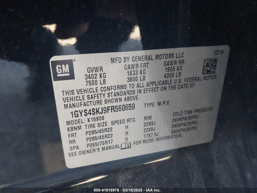 1GYS4SKJ9FR560659 2015 CADILLAC ESCALADE photo no. 9