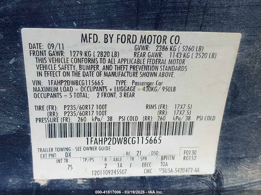 2012 FORD TAURUS VIN: 1FAHP2DW8CG115665