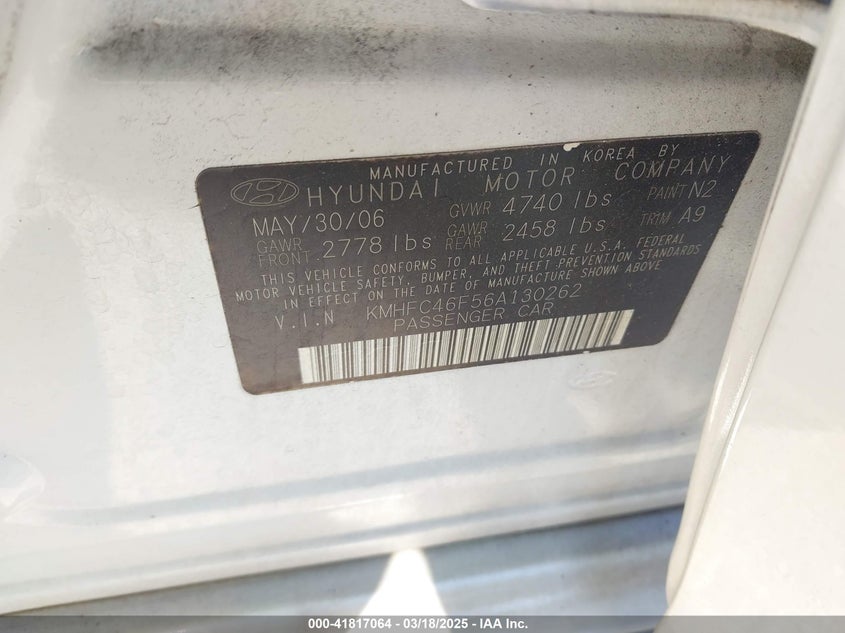 2006 HYUNDAI AZERA VIN: KMHFC46F56A130262