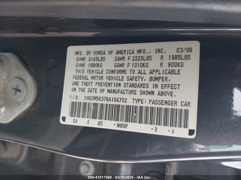 2006 HONDA ACCORD VIN: 1HGCM56376A104702