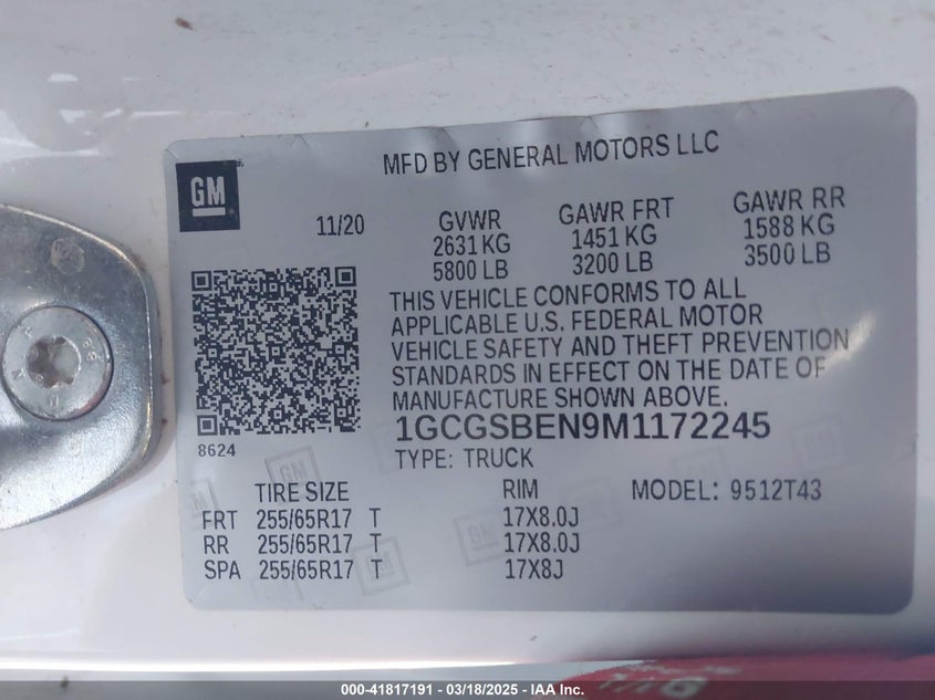 2021 CHEVROLET COLORADO(VIN: 1GCGSBEN9M1172245
