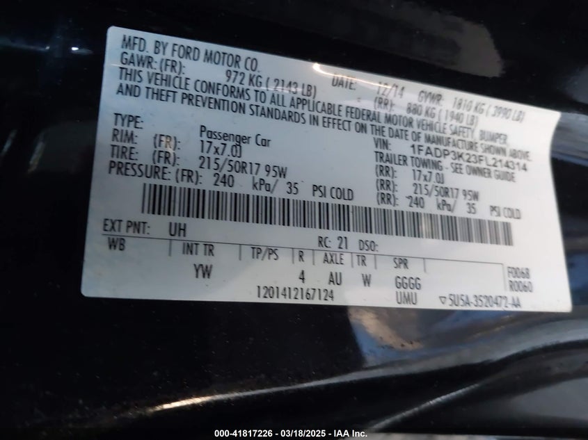 2015 FORD FOCUS VIN: 1FADP3K23FL214314