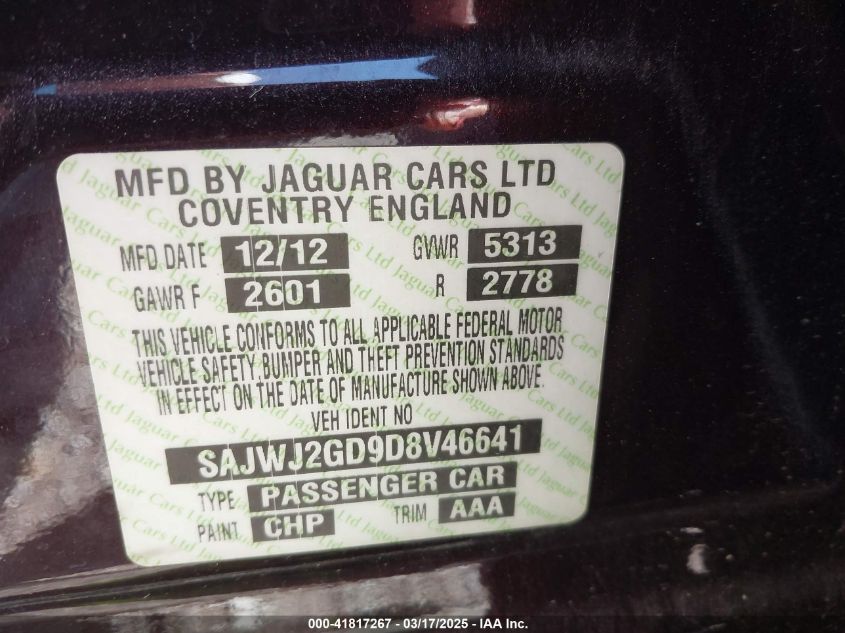 2013 Jaguar Xj Xjl Portfolio VIN: SAJWJ2GD9D8V46641 Lot: 41817267