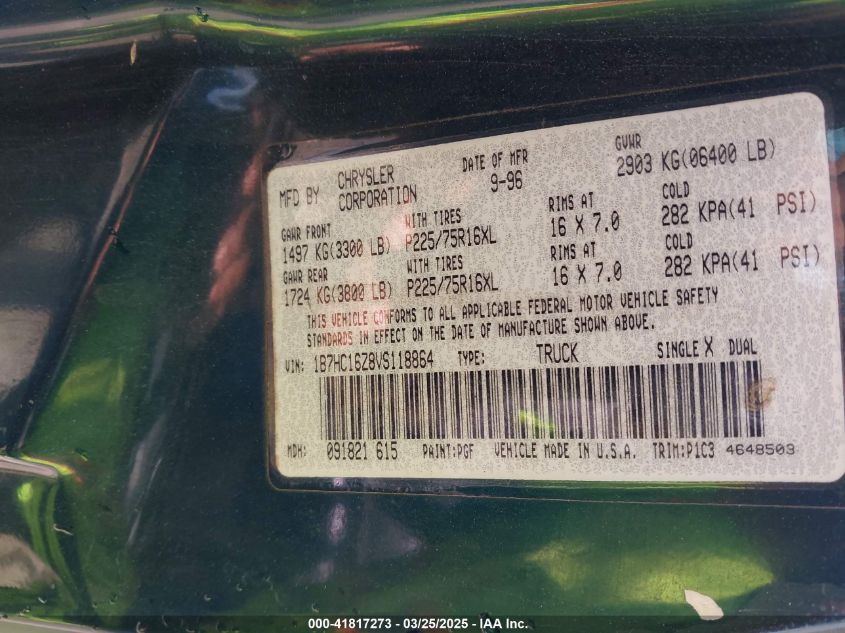 1997 Dodge Ram 1500 Lt VIN: 1B7HC16Z8VS118864 Lot: 41817273