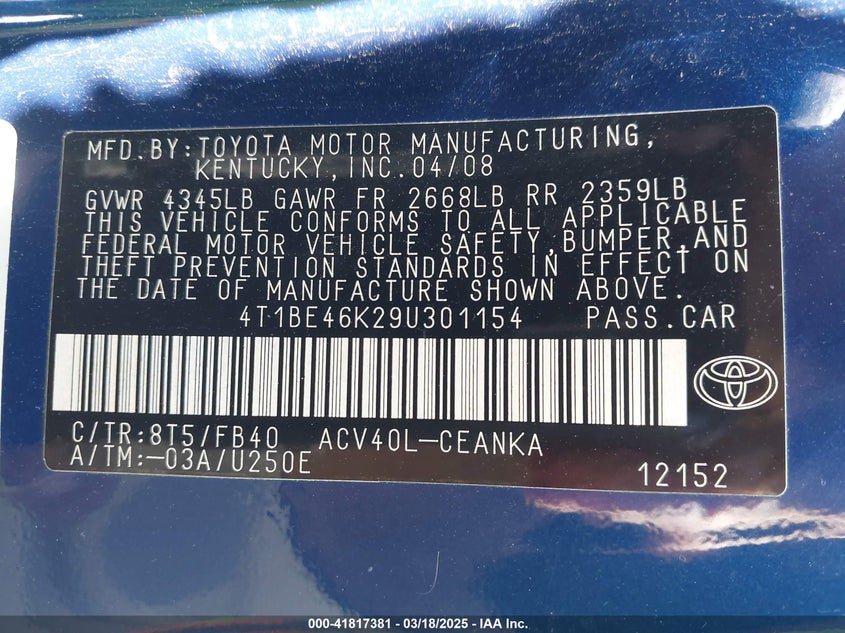 2009 TOYOTA CAMRY VIN: 4T1BE46K29U301154