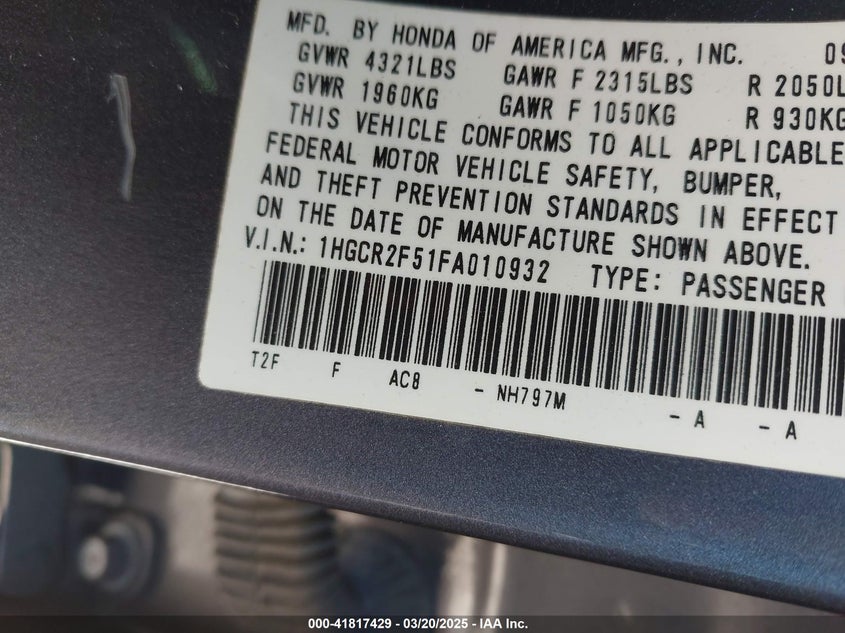 2015 HONDA ACCORD VIN: 1HGCR2F51FA010932