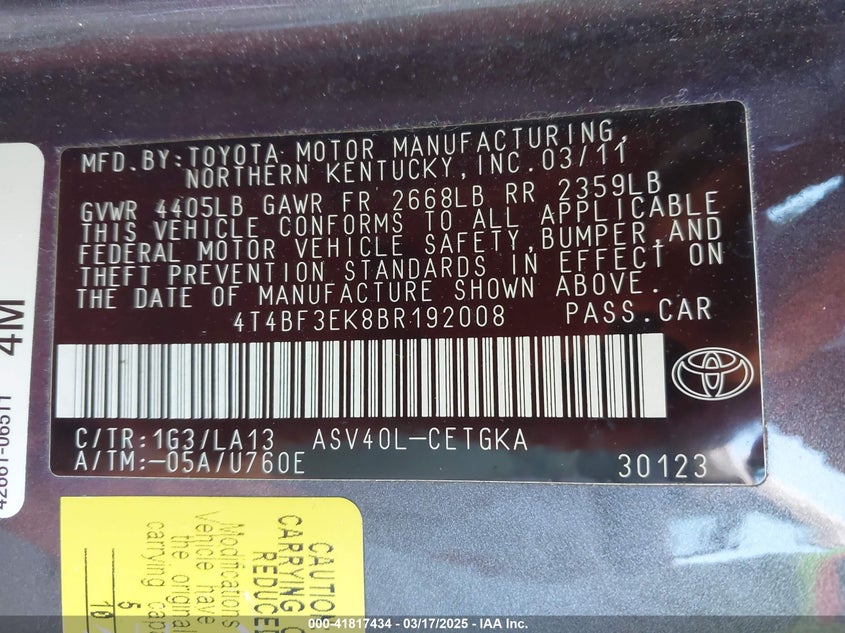 2011 TOYOTA CAMRY VIN: 4T4BF3EK8BR192008