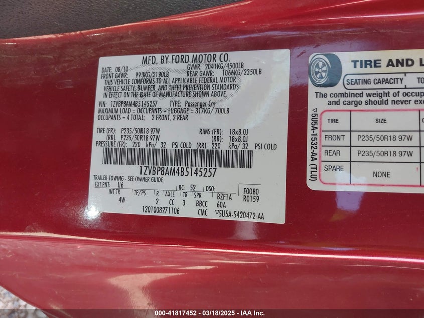 2011 FORD MUSTANG VIN: 1ZVBP8AM4B5145257