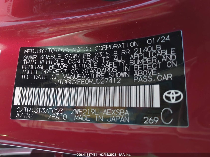 2024 TOYOTA COROLLA VIN: JTDBCMFE0RJ027412