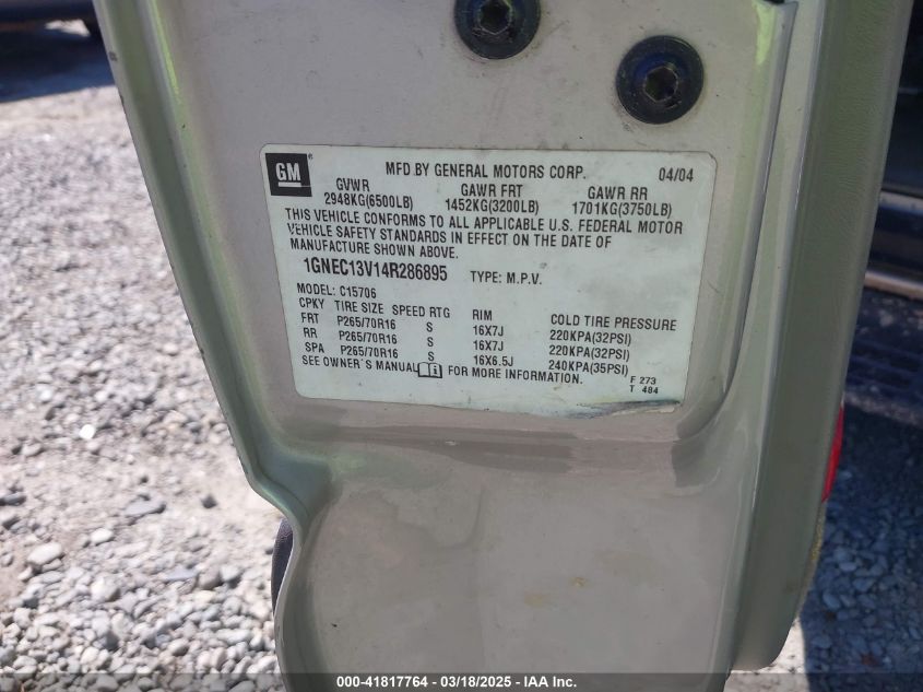 2004 Chevrolet Tahoe Ls VIN: 1GNEC13V14R286895 Lot: 41817764