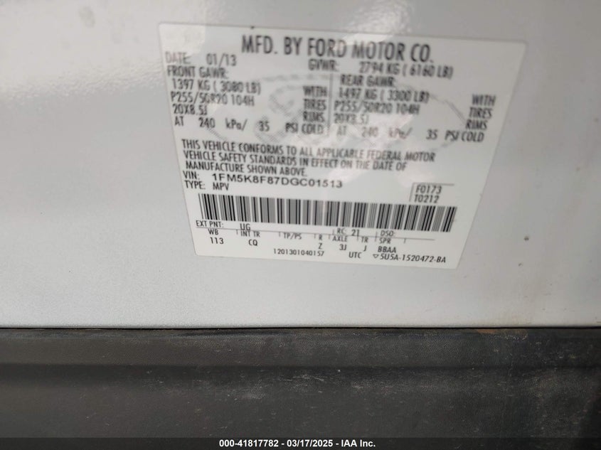 2013 FORD EXPLORER VIN: 1FM5K8F87DGC01513