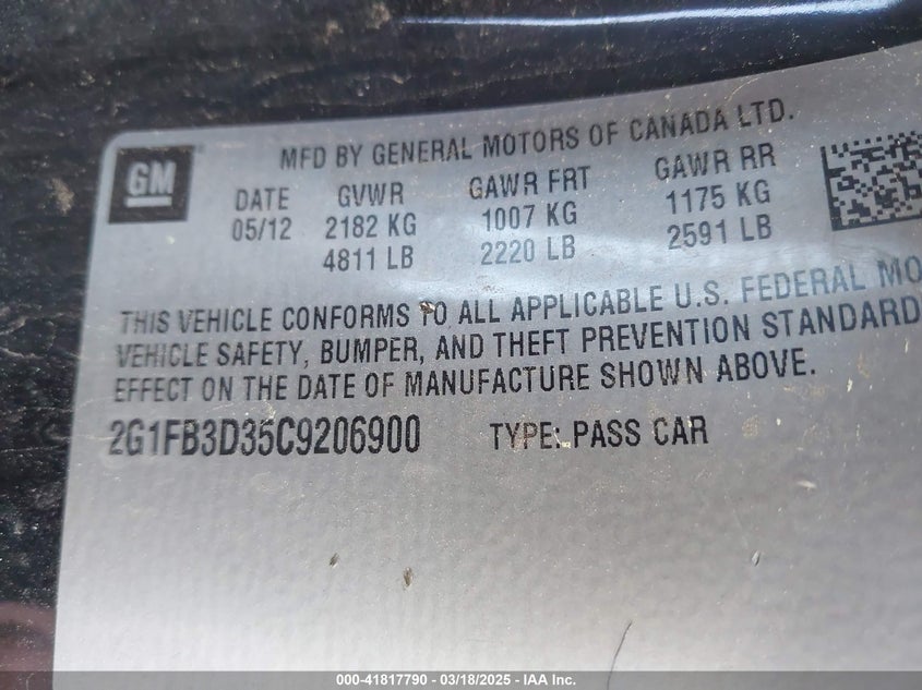 2012 CHEVROLET CAMARO VIN: 2G1FB3D35C9206900