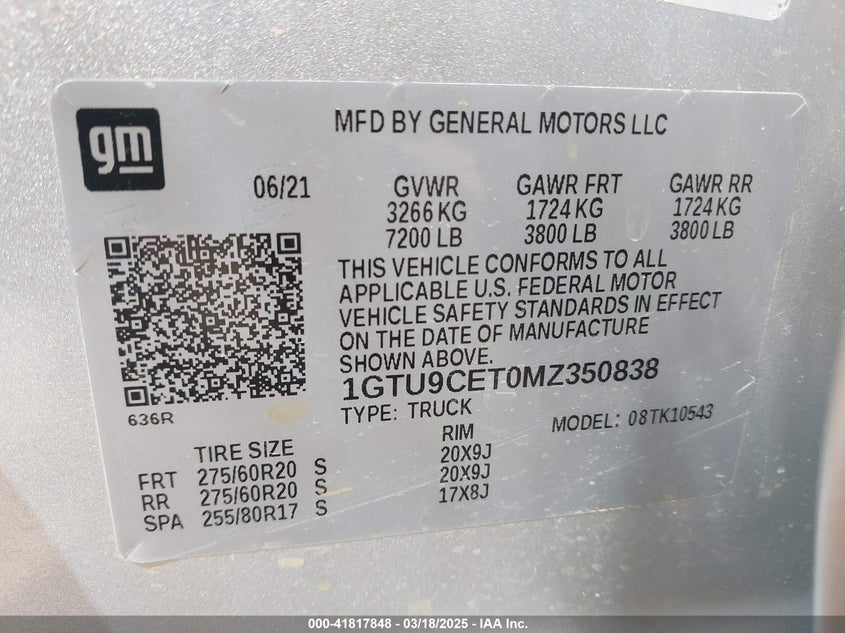 2021 GMC SIERRA 1500 VIN: 1GTU9CET0MZ350838