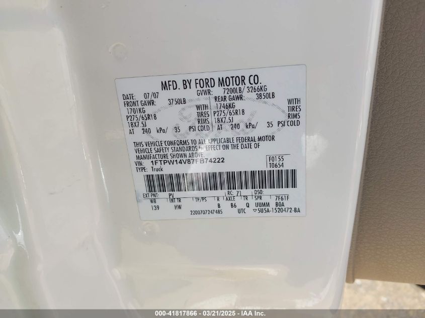 2007 Ford F-150 Fx4/Lariat/Xlt VIN: 1FTPW14V87FB74222 Lot: 41817866