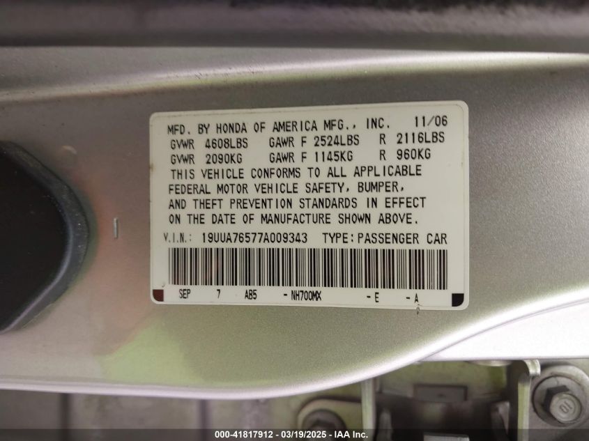 2007 Acura Tl Type S VIN: 19UUA76577A000934 Lot: 41817912