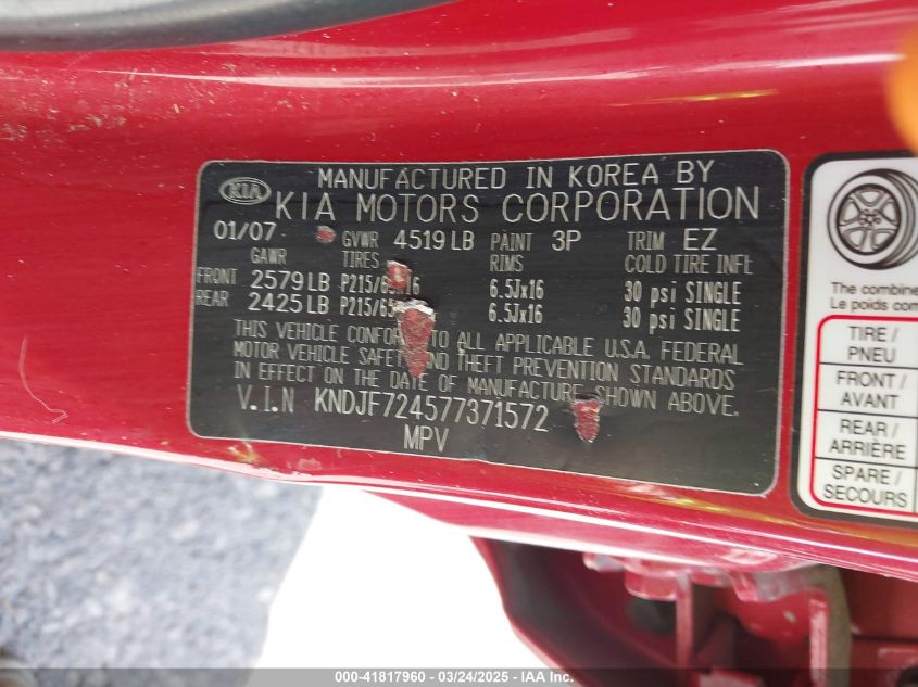 2007 Kia Sportage Lx VIN: KNDJF724577737157 Lot: 41817960