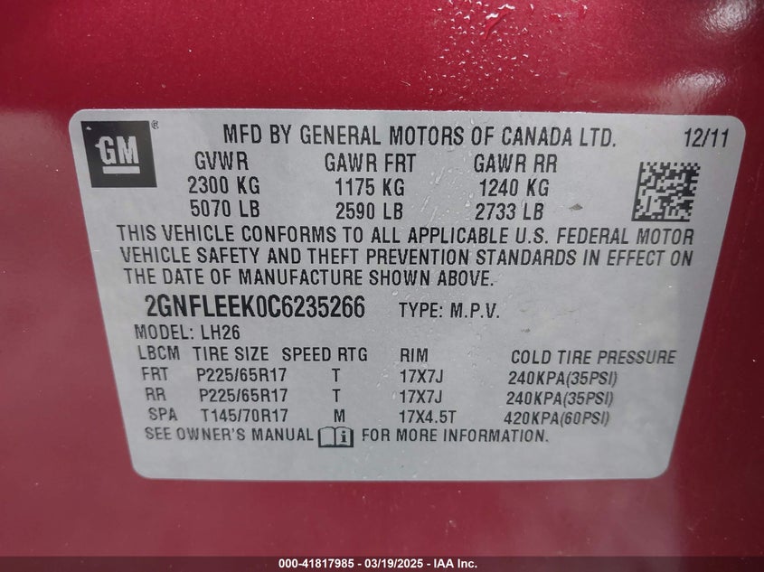 2012 CHEVROLET EQUINOX VIN: 2GNFLEEK0C6235266