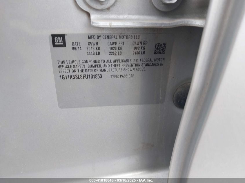 2015 Chevrolet Malibu 1Fl VIN: 1G11A5SL8FU101853 Lot: 41818046