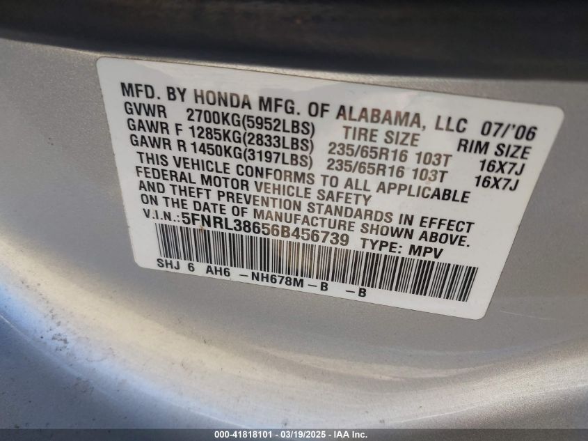 2006 Honda Odyssey Ex-L VIN: 5FNRL38656B456739 Lot: 41818101