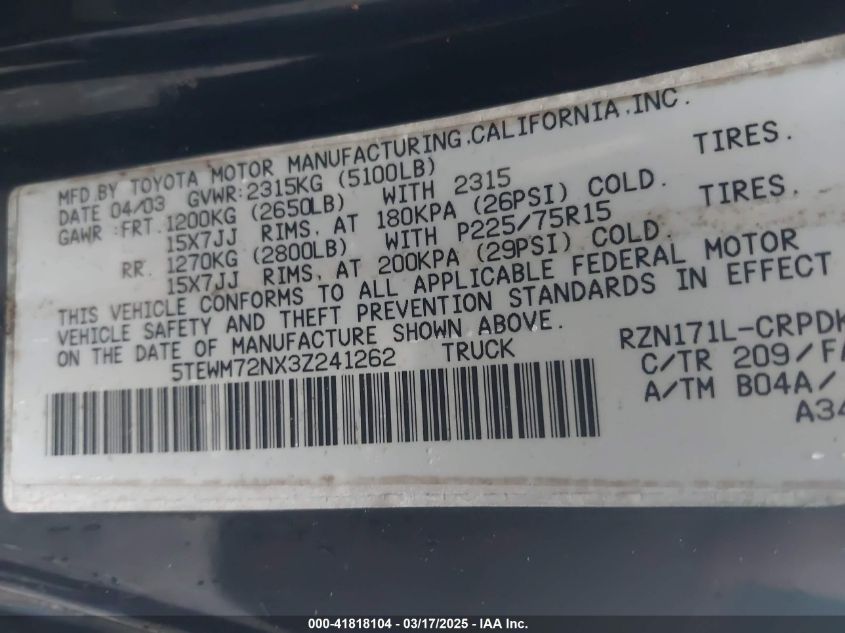 2003 Toyota Tacoma VIN: 5TEWM72NX3Z241262 Lot: 41818104