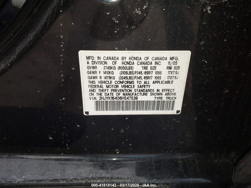 2006 HONDA RIDGELINE VIN: 2HJYK16406H547539