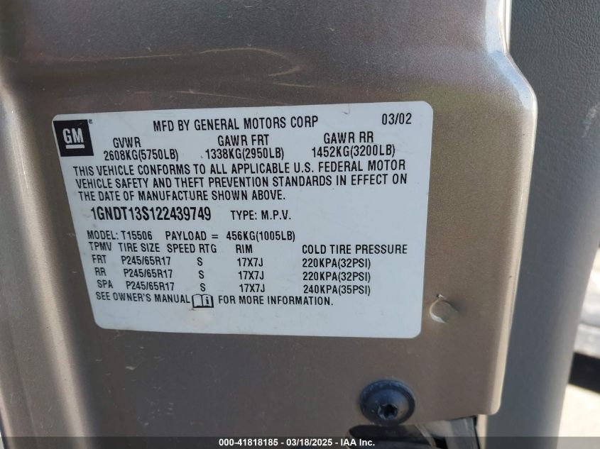 2002 Chevrolet Trailblazer Ltz VIN: 1GNDT13S122439749 Lot: 41818185