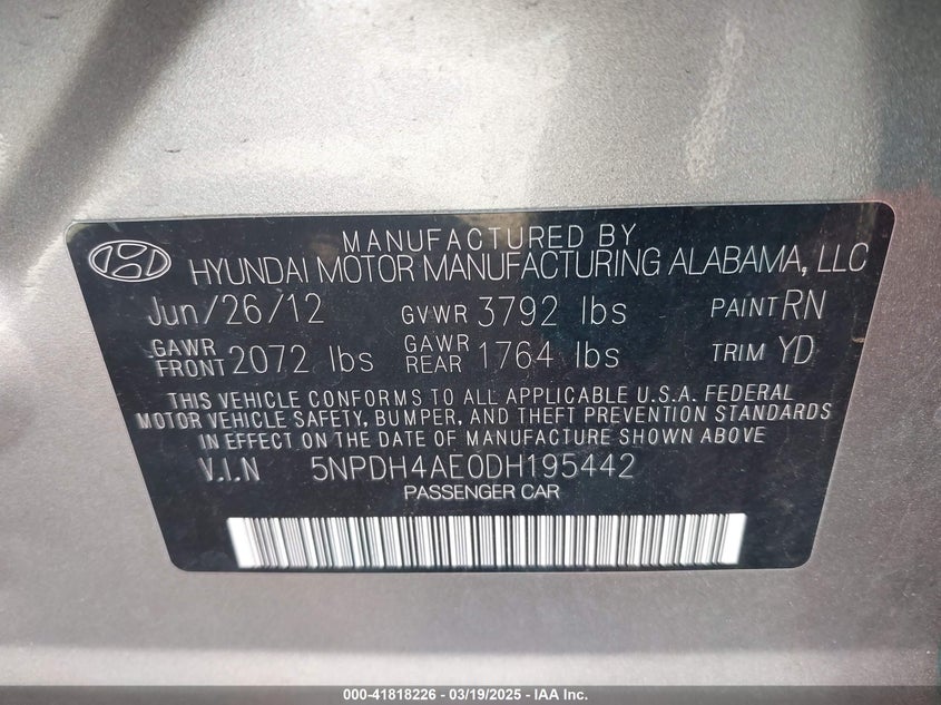 2013 HYUNDAI ELANTRA VIN: 5NPDH4AE0DH195442