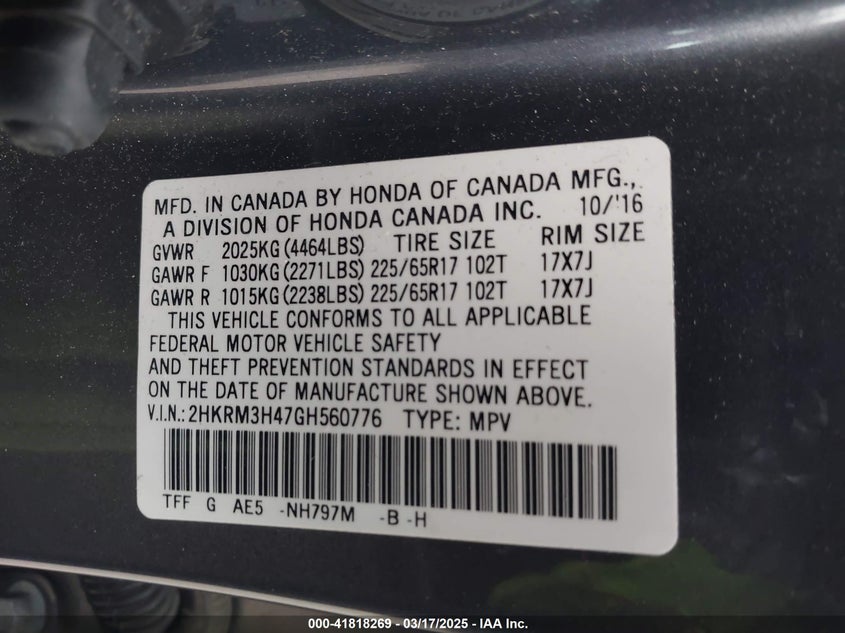 2016 HONDA CR-V VIN: 2HKRM3H47GH560776