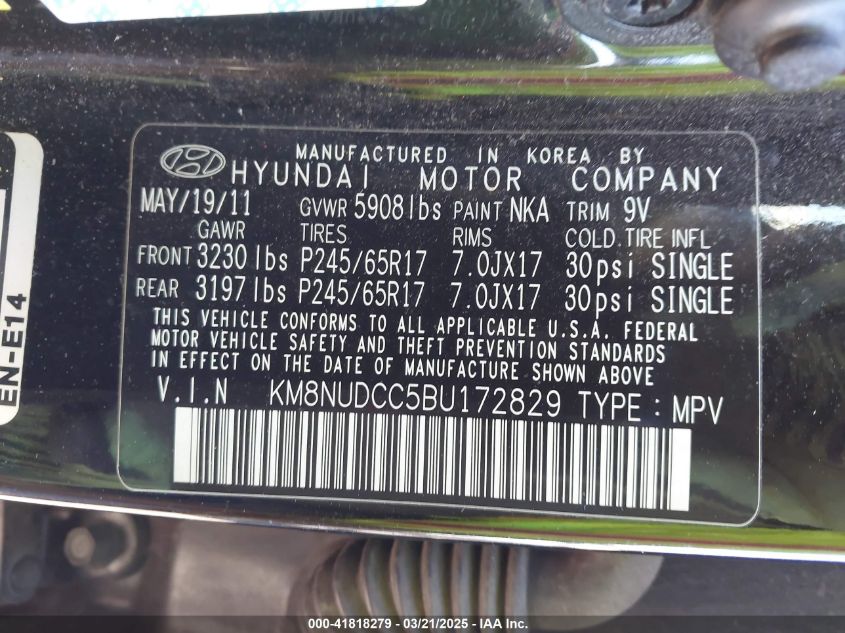 2011 Hyundai Veracruz Gls VIN: KM8NUDCC5BU172829 Lot: 41818279